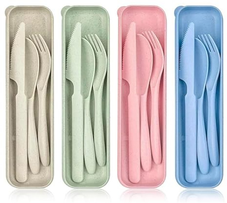 Marnovest 4 Pack Plastic Travel Cutlery Set with Case, Reusable Portable Fork Knife Spoon, Utensil Set for Camping, Lunch Box, Picnic, School and Office