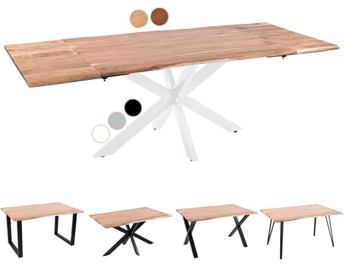 SAM Baumkantentisch 180 (280) x 90 cm Avino, Akazienholz naturfarben & massiv, Esszimmertisch mit 2 Ansteckplatten, Weißes Spider-Metallgestell, Esstisch ausziehbar 8-10 Personen