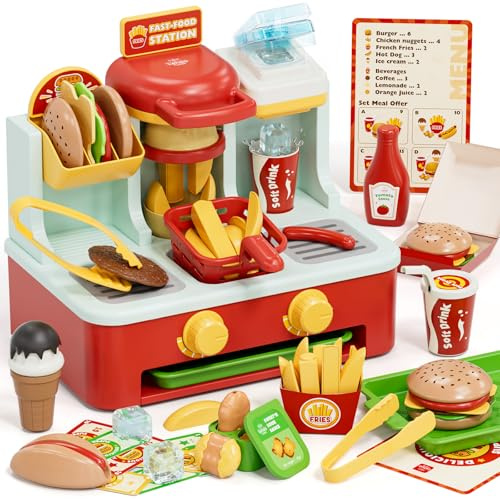 Lehoo Castle Kinderküche Zubehör, Fast-Food-Spiele, Küchen-Rollenspiel | Kaufmannsladen, Spielküche,Pommes Frites Schneiden, Eiswürfel Herstellen, Hamburger, Spielmünzen, Geschenke Mädchen Jungen