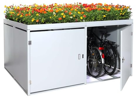 Mendler 4er-Fahrradgarage mit Pflanzkasten HWC-L56bAM Stahl - hellgrau | Fahrradbox, abschließbar verzinkter 126x220x210cm