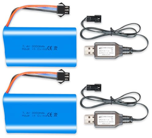 Lot de 2 batteries Li-ion 7,4 V 3000 mAh 15 C SM-3P avec prise SM3P 2S - Batterie rechargeable avec 2 chargeurs USB - Convient pour les camions de voiture RC et les réservoirs RC.
