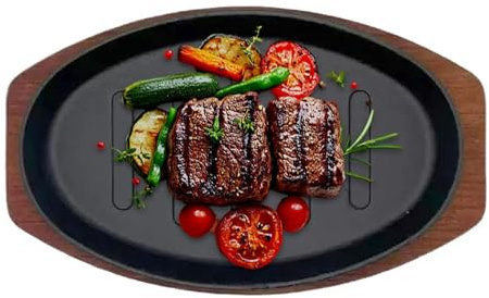 Piatto da portata ovale in ghisa per barbecue da 25,4 cm, con base in legno | Padella in ghisa resistente per picnic, barbecue, ristorante, cucina, casa, grigliata