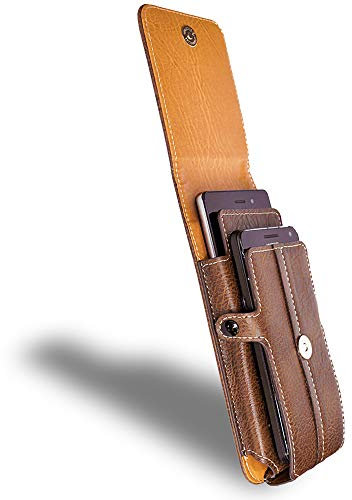 AXELENS Cover Porta Cellulare in Ecopelle – Custodia Universale per Due Smartphone da 4,8'' a 5,1” Pollici – Chiusura Magnetica, Moschettone per Cintura, Porta Carte – Uomo Donna – Marrone