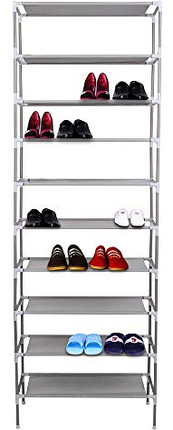 AllRight 10 Ebenen Schuhregal Schmal Schuhschrank Metall Schuhständer platzsparend Höhenverstellbar Edelstahl Schuhablage für 32 bis zu 40 Paar Schuhe 155 x 55 x 27cm Grau