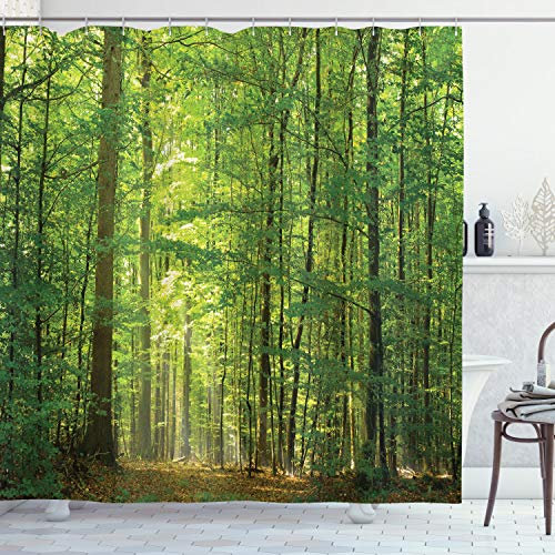 ABAKUHAUS Wald Duschvorhang, Laub Wald Sommer, Stoffliches Gewebe Badezimmerdekorationsset mit Haken, 175 x 180 cm, Farngrün