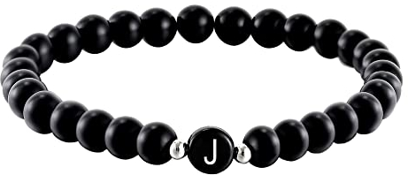 Kim Johanson Partner Perlenarmband mit Buchstabe aus Onyx Stein für Pärchen I Naturstein Freundschaftsarmband in Schwarz I Geschenk für Paare mit Gravur I Für Frauen und Männer inkl. Schmuckbeutel (J)