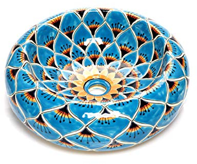 Azura - Mexikanische Rund Aufsatzwaschbecken | 40 cm Keramik Talavera Waschbecken aus Mexiko | Buntes Deko Motiven | Ideal Badezimmer mit Holz Optik Fliesen, zementfliesen, rustikal unterschrank
