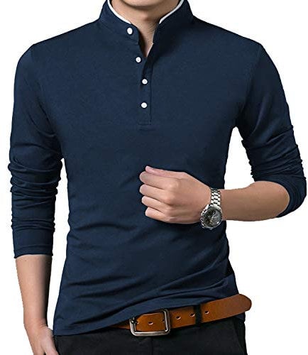 Mens Performance Vintage T-Shirt Slim Fit Muscle Fit Long Sleeve Polo Cotton Fashion Basic Grandad Collarless T Shirt Blue, 2XL