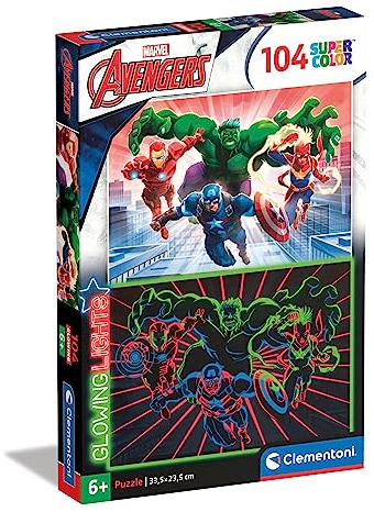 Clementoni - 27554 - Glowing Lights Collection - Marvel Avengers, puzzle glow in the dark - 104 Pieces - jigsaw puzzles for kids age 6 - Made in Italy, cartoon puzzles