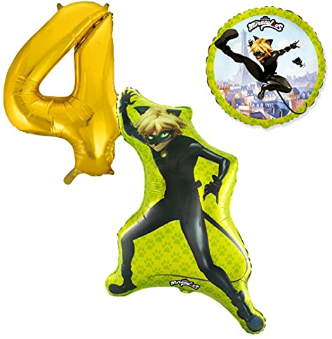 Cat Noir Ballonset Ballon mit goldener Zahl 4 Kindergeburtstag Heliumgeeignet Deko Kindergeburtstag Partygeschirr Dekoration für Geburtstag Party Mottoparty Motto Luftballons