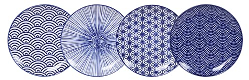 TOKYO Design 4er Set Speiseteller Porzellan mit verschiedene Designs in blau 16 cm, Japanisches Porzellan Servierplatten/Pastateller/Frühstücksteller/Salatteller