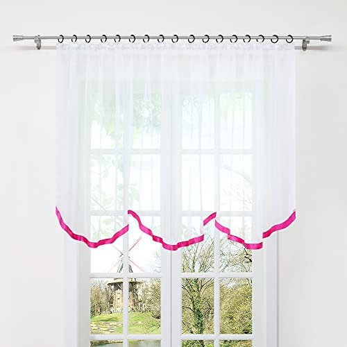 HongYa Gardine Store mit Kräuselband Transparenter Voile Bogenstore Blumenfenster Küche Vorhang mit Satinband H/B 120/500 cm Dunkelrosa