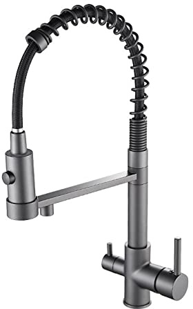 3 Way Tap Kitchen Mixer Taps with Pull Out Spray Tap for Kitchen Sink with 2 Modes Spray 360 Degree Swivel Spout Dual Handles Spiral Kitchen Mixer Tap Gun Grey