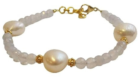 Armband aus blauer Chalcedon und Süßwasserperlen für Damen - Natürlicher Edelstein - Geburtstagsgeschenk - Weihnachtsgeschenk - Handgefertigte Geschenkideen für Frauen