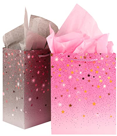 HuaJiao 2 Pack Gift Bag, Medium Size Present Bag with 4 Tissue Paper Gift Bags for Birthday Party 18 X 23 X 10 cm (Pink, Grey)