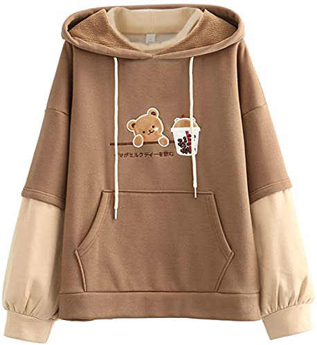 YINGKE Damen Hoodie Kawaii Harajuku Stil Japanischer Bär Stickerei Druck Langarm Hoodie Mädchen Damen Pullover(XS,Braun)