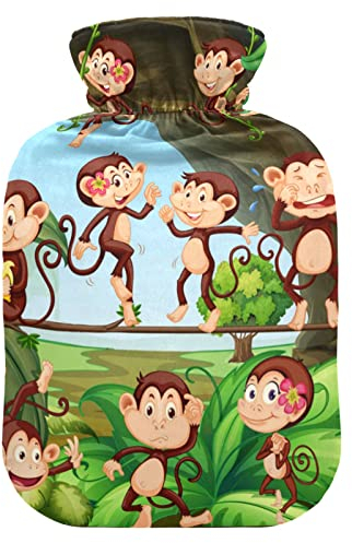 YOUJUNER Wärmflasche mit Cartoon niedlicher Affe Bezug, Groß 1 Liter Heißwasserbeutel Heißwasserbeutel Bettflasche