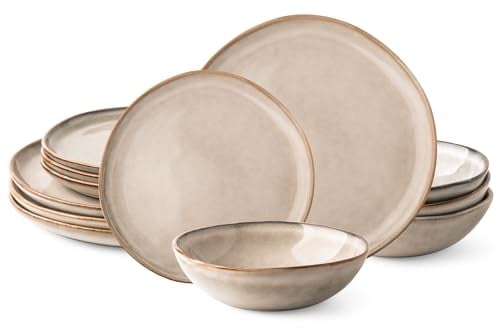 AmorArc Ceramic Dinnerware Sets,Handmade Reactive Glaze Plates and Bowls Sets,Highly Chip and Crack Resistant | Dishwasher & Microwave Safe Dishes Set,Service for 4 (12pc)