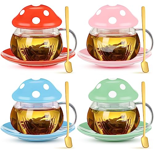 Lallisa Set di 4 tazze da tè a forma di fungo da 272,2 g, con infusore e cucchiaio, simpatiche tazze in vetro a forma di funghi, teiera con coperchio in ceramica, sottobicchieri, regali per feste di