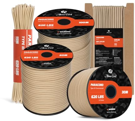 Abma Cord Paracord 620lbs 4mm 100M 100% Nylon Seil Typ 3 Schnur mit 9 Kern für Basteln, Camping, Survival, Outdoor - Max. 280kg - Khaki