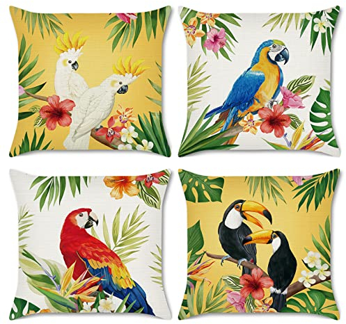Bonhause 4er Set Kissenbezüge Vögel Tukan Tropische 45 x 45 cm Papageien Blumen Blätter Polyester Leinen Dekorative Kissenhülle Zierkissenbezüge für Sofa Garten Outdoor Zuhause Dekoration