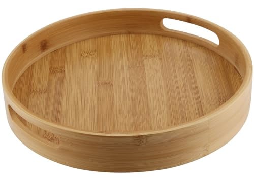 CHEUKYIU Bambus Tablett Rund 30cm Durchmesser 5cm Dick, Bambus Serviertablett mit Griffen, Runde Holz Serviertablett, für Snacks, Obst, Kaffee, Tee, Wein, Holzfarbe