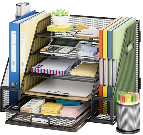Marbrasse Desk Organiser Tray,5-Tier Paper Letter Tray Organiser with Drawer,2 Pen Holders,Mesh Desktop Organizer Accessories Storage for Home Office Supplies(Black Bilateral Book Stand)