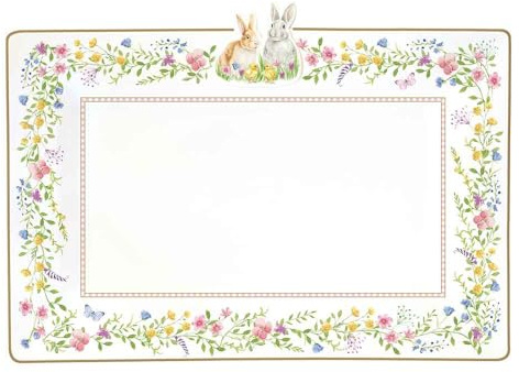 Easy Life Vassoio pasquale rettangolare in porcellana con conigli e fiori Happy Easter 36x24 cm