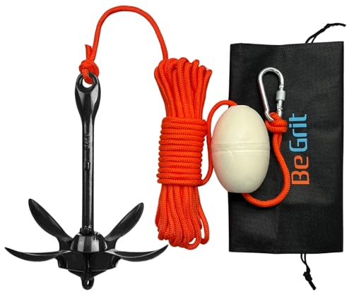 BeGrit Petite Ancre de Bateau kit Pliable Grappin Ancre en Acier Carbone pour canoë Jet Ski Sup & Paddle Board 1,5 Kilogram avec 10 m Ancre Corde de remorquage Sac de Transport Noir