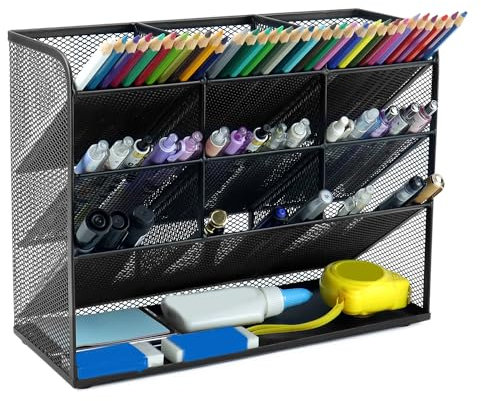 QWORK® Netz-Schreibtisch-Organizer, Multifunktionaler Desktop Schreibwaren Stiftehalter mit 9 Fächern, für Büro, Schule, Kunstbedarf (schwarz)