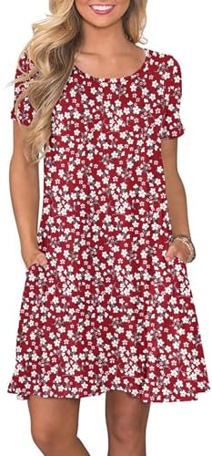AUSELILY Women's Summer Dresses Casual T-Shirt Short Sleeve Dress Loose Swing Short Dress with Pockets, Floral Red M