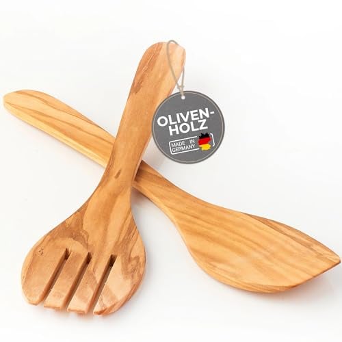 TOPANBIETER 999 2tlg Premium Salatbesteck Set Olivenholz 30 cm, Made in EU, Sevierbesteck Olive, nachhaltiges Holzbesteck, hochwertige Küchenhelfer aus Holz (6097150 Salatbesteck)