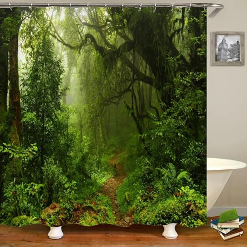 AJALGZ Bedruckter Duschvorhang mit grüner Waldlandschaft und Gartenszene für den Außenbereich, Badezimmervorhänge aus Polyester, Heimdekoration, B x H: 150 x 220 cm, Bade-/Duschvorhang