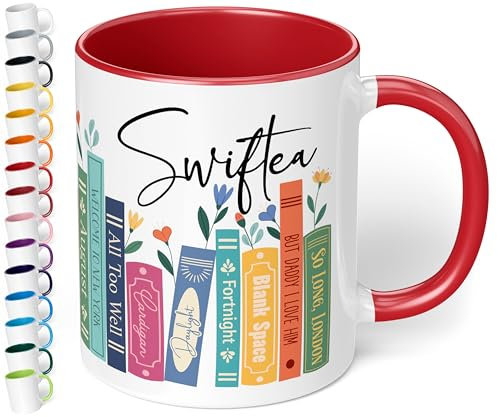 Geschenk für Musik-Fans: Kaffeetasse Bücherregal mit Best of Albums „Swiftea“ – Geschenkidee für Sänger- & Musikliebhaber - Keramik, ca. 330ml, Rot