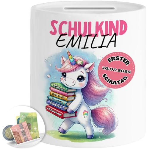 Tassenliebling® Schulkind Spardose personalisiert Mädchen - Geschenk zur Einschulung - Einhorn Spardose Kinder - Schultüte Füllung - Schulanfang Geschenke - Grundschule Vorschule