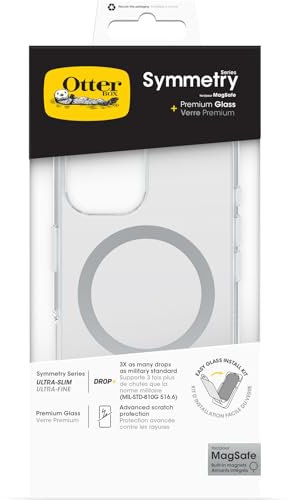 OtterBox Bundle per iPhone 16 cover Symmetry Series Clear MagSafe Clear testata 3x vs norme MIL-STD 810G + protezione schermo vetro Premium Glass, Trasparente