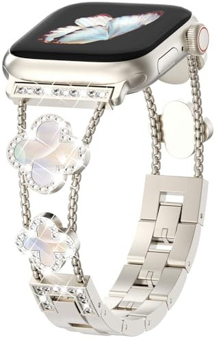 CHANCHY 38mm 40mm 41mm 42mm(series 10 11) für Apple Watch Armband,Damen Glücks Vierblatt Diamant Edelstahl Armband Ersatzarmbänder für iWatch SE 3 2 1,Series 11 10 9 8 7 6 5 4 3 2 1,Sternenlicht