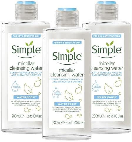 3 x 200mL | Simple Water Boost Micellar Cleansing Water | Gently Removes Make-Up & Instantly Soothes | For Dry & Sensitive Skin | 3 Pack