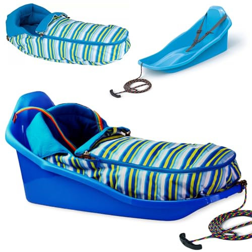 Schlitten Kinder mit Schlafsack | Baby Schlitten mit Rückenlehne, Sicherheitsgurt und Schnur mit Griff | Kinderschlitten für sicheren Winterspaß und unvergessliche Abfahrten im Schnee | Blau