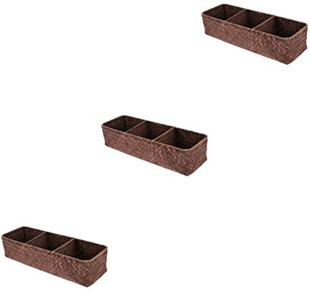 3 Pcs Woven Storage Box Set Small Rattan Bathroom Baskets Organizer Tray for Toilet Tank Desk Cupboard Shelf Wicker Cube Basket Room Essentials Storage Bin Black Straw Design