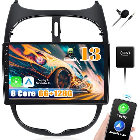 6G+128G CAMECHO Android 13 Radio Coche para Peugeot 206/Peugeot 206CC/Citroen C2 2002-2010 con Carplay Android Auto, Pantalla táctil 9 Pulgadas con Bluetooth FM/RDS 32EQ DSP Mirror Link GPS WiFi SWC