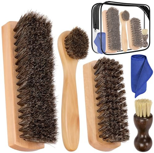 Tanstic 4Pcs Horsehair Shoe Brush Horsehair Shine Shoes Brush Shoe Polish Brushes Leather Shoes Brushes Boot Brushes with Microfiber Cloth for Leather Shoes, Boots