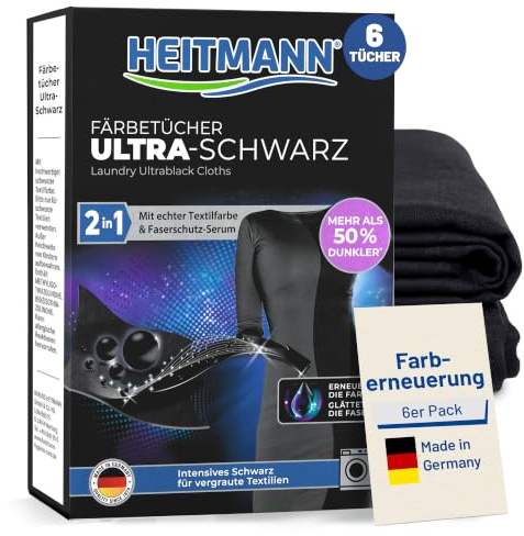 HEITMANN 2in1 Färbetücher Ultra-Schwarz | Textilfarbe schwarz für Pflege und gegen aufgeraute schwarze Kleidung | Färbemittel für Textilien, zur Anwendung in der Waschmaschine | 6 Tücher