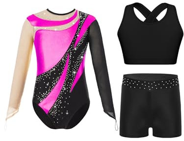 Fldy Mädchen Gymnastikanzug Langarm Mit Kurze Hose Kinder Glitzer Turnanzug Mit Shorts Sport BH Set Turnen Tanzkleidung Hotpink 146-152