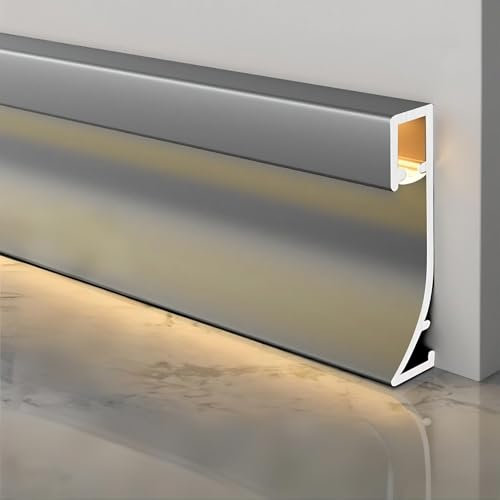 Gentleman Grey LED Aluminium Metal Baseboard Trim 3Pcs 3.15 in x 8.2 ft Total 24.6 ft Long 80mm x 2500mm LED Light Aluminum Wall Base Board Cover Molding Skirting Trim, Surface Mount Downlight