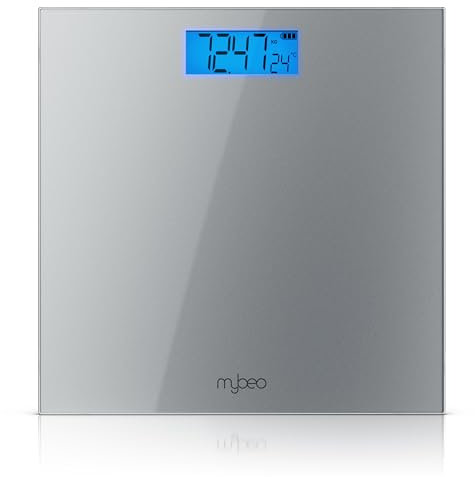 MyBeo - Personenwaage digital glas – max. 180 kg – große Anzeige - blaues LCD Display - kg und lb – DMS Sensoren – 6 mm Sicherheitsglas – automatisches Einschalten - Körperwaage silber