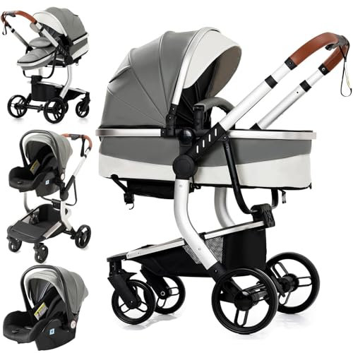 Reenborn PU-Leder Kinderwagen 3 in 1, Buggy mit Ein-Klick-Faltdesign Hohe Landschaft, Kinderwagen mit Zwei Umkehrbaren Schiebemodi, Kinderwagen 3 in 1 Komplettset Rahmen Aluminiumlegierung (518 Grey)