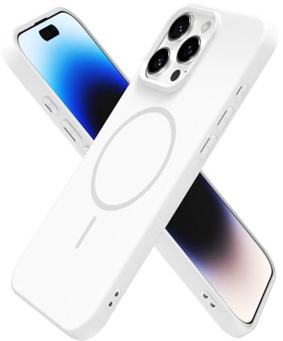 oakxco for iPhone 14 Pro Case Silicone Mag Safe, Magnetic Slim Thin Phone Case Compatible with Magsafe Wireless Charging, Cute Girly Aesthetic Soft Rubber Gel Safecase for Women Girls, White