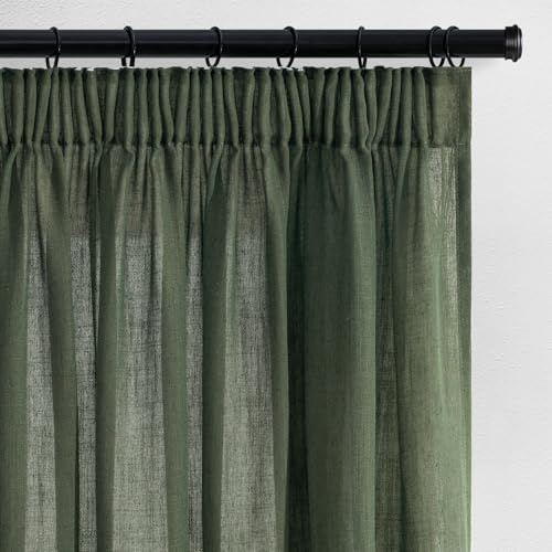 Topfinel Vorhänge Olivgrün Kurz Leinen 160x140cm Gardinen Küche Kinderzimmer Schlafzimmer Deko Vintage Vorhang mit Kräuselband Halbtransparent Voile Gardine für Schienensystem 2er Set