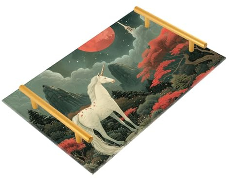 Unicorns Chinese Painting Style Decorative Vanity Trays with Handles Dinner Trays for Eating for Jewelry Perfume for Platters Serving bandejas de desayuno para Regalo